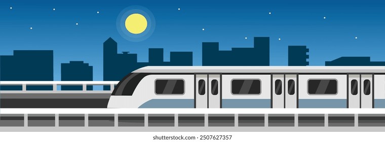 Stadtbahn in der Nacht. Züge nachts auf der Brücke. Nach der Arbeit. Öffentliche Verkehrsmittel in der Nacht. U-Bahn-Stadtlandschaft. U-Bahn-Zug. Hochgeschwindigkeitsunterführung. Straßenbahnverkehr.