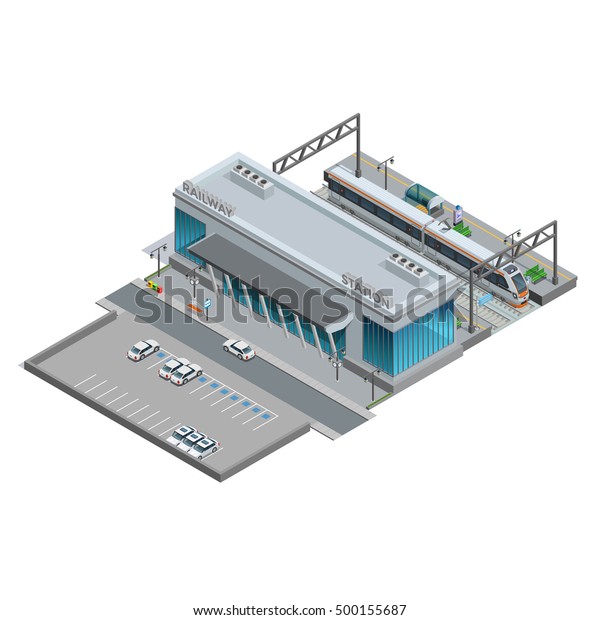 Urban\
railway station with cars on parking and passenger train  on\
platform isometric miniature vector\
illustration
