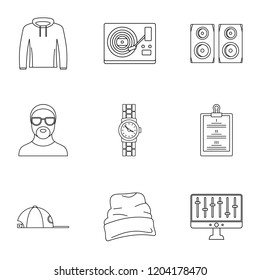 Urban rap icon set. Outline set of 9 urban rap vector icons for web design isolated on white background