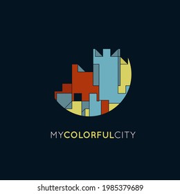 Urban real estate logo.City skyline emblem icon isolated on dark background.Buildings and town architecture colorful illustration.Geometric, architecture, house construction style.