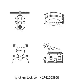 Urban regulation pixel perfect linear icons set. Face recognition. Traffic light. Bridge for walkway. Customizable thin line contour symbols. Isolated vector outline illustrations. Editable stroke
