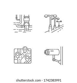 Urban regulation pixel perfect linear icons set. Water supply pipeline. Street light. Landmark pointer. Customizable thin line contour symbols. Isolated vector outline illustrations. Editable stroke