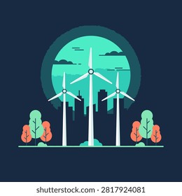 Urban renewable energy concept with flat city skyline.