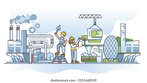 Urban renewal and rebuild for green and sustainable future outline concept. Industrial area change to nature friendly and environmental residential region with futuristic cityscape outline concept.