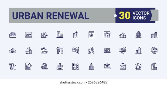 Urban Renewal Renewable linear icon. Contains such icons as estate, development, library, tree, apartment, urban, downtown, government and more. Icons for UI. Editable stroke. Vector illustration.