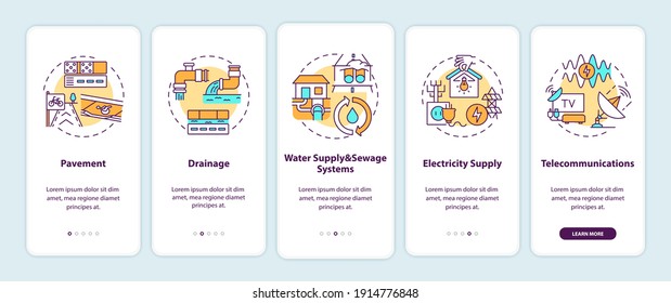 Urban resource supply onboarding mobile app page screen with concepts. Pavement, drainage. Waste management walkthrough 5 steps graphic instructions. UI vector template with RGB color illustrations