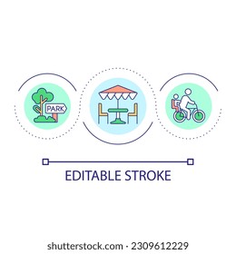 Urban rest and activity loop concept icon. City convenience. Development of town infrastructure abstract idea thin line illustration. Isolated outline drawing. Editable stroke. Arial font used