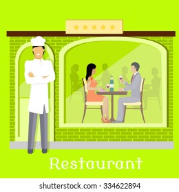 Urban restaurant facade with customers. People dining in cafeteria. Chef near