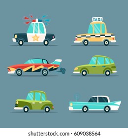 Urban Retro Cartoon Cars Icons Set in a Flat Design