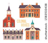 Urban retro colonial style building cartoon vector set illustration. Old residential and government buildings, church, Victorian houses isolated on white background