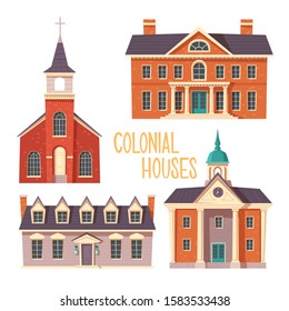 Urban retro colonial style building cartoon vector set illustration. Old residential and government buildings, church, Victorian houses isolated on white background