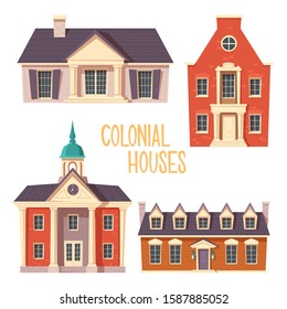 Urban retro colonial style building cartoon vector set illustration. Old residential and government buildings, church, Victorian houses isolated on white background