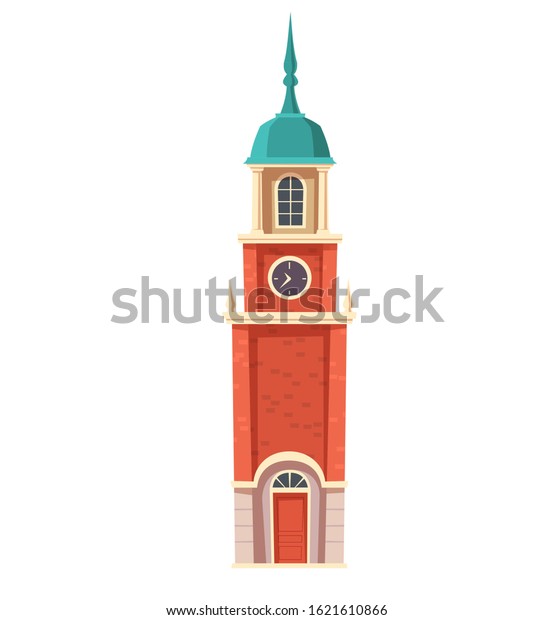 Urban retro colonial
style building cartoon vector illustration. Old residential or
government building with spire, Victorian tower with clock isolated
on white background