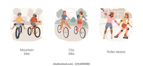 Urban riding isolated cartoon vector illustration set. Teenage boys riding mountain bicycles in park, girls on cycling city bikes, teen roller skating, spending leisure time outdoor vector cartoon.