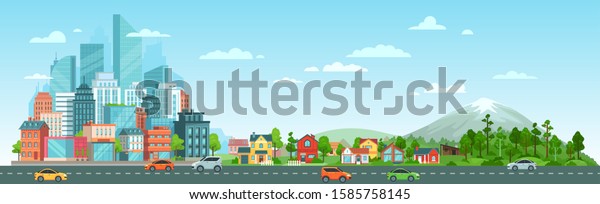 Urban road with cars landscape. City road\
traffic, big city buildings, suburban houses and wild nature\
landscape. Residential and road panorama, transportation district\
vector illustration