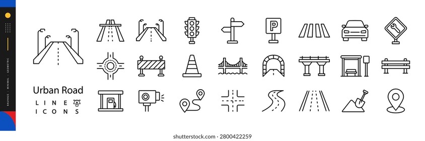 Urban Road Lines. Line icon set of road: highway, street, traffic light, signpost, parking sign, crosswalk, roundabout, road barrier, traffic cone, bridge, tunnel, overpass, gas station, speed camera
