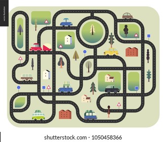 Urban road map - street roads with cars, road signs, trees and houses, top view