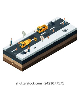 Urban Road Reconstruction in Isometric Perspective. Detailed Illustration of Maintenance and Repair Operations