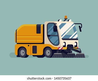 Urban road sweeper truck. City cleaning sanitation service vehicle quality vector illustration. Modern mechanical street sweeper machine, isolated