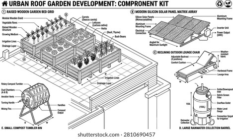 Urban Roof Garden Development Component Kit Infographic Featuring Raised Wooden Bed Grid Solar Panel Array Compost Tumbler and Rainwater Collection Barrel Layout.eps