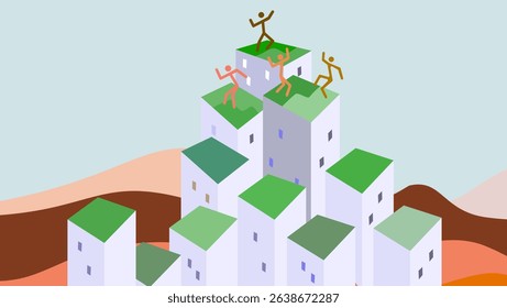 urban rooftop farming day, flat color illustration
