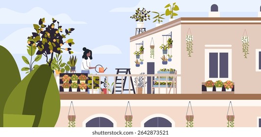 Urbana jardim terraço mulher regando plantas ao ar livre terraço envasado flores verde folhas moderna casa azul céu paisagem varanda jardinagem