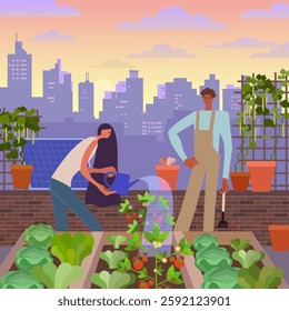 Urban Rooftop Gardening at Sunset – Sustainable City Farming Concept