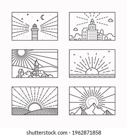 Urban, rural area, seaside, mountains landscape thin line vector icons. Travel concept. Outdoor recreation, traveling thin line vector illustration for t-shirt design, mobile app. Editable strokes.