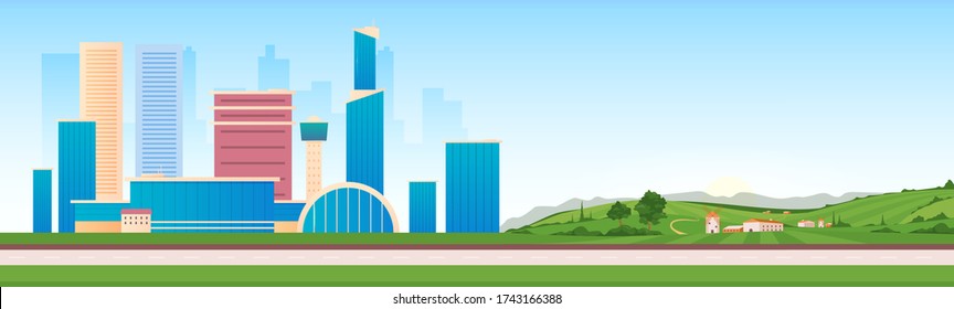 Urban and rural areas flat color vector illustration. Modern infrastructure next to countryside 2D cartoon landscape. Skyscrapers and country houses view.  City downtown and farms in village