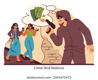 Urban safety. Two women unaware of the impending threat from a lurking mugger. The silent issue of street crime and personal security. Flat vector illustration.