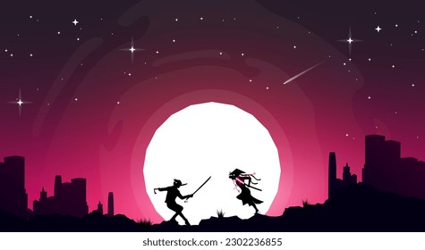 Urban samurai anime wallpaper. Swordsman duel. Two swordsmen fighting. Samurai battle background with anime style. Samurai fight at night. Duel.