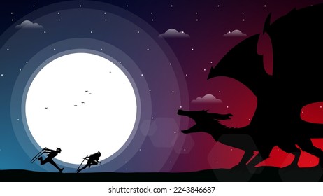 urban samurai fighting dragon. knight with swords against dragon at night. full moon illustration background. japanese samurai walpaper.
