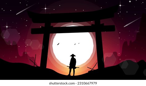 urban samurai in front of traditional japanese gate. japan theme background. samurai wallpaper. japanese samurai theme background. torii gate with samurai.