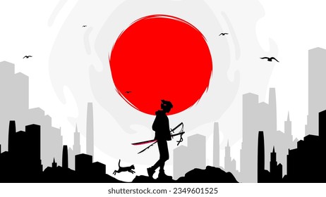urban samurai with red moon background. Samurai with red moon wallpaper. red moon. japanese theme wallpaper.