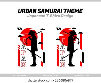 Urban Samurai with red moon t-shirt design. Samurai Vector Illustration. Silhouette japan samurai vector for design t-shirt concept.	