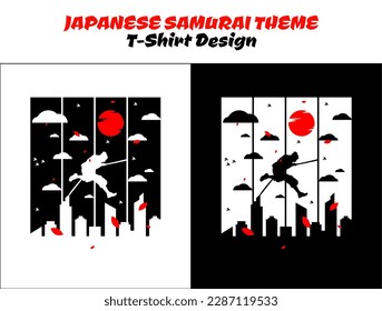 Urban samurai run and jump in city. Silhouette japan samurai vector for design t-shirt concept. Samurai with red moon. Samurai Vector Illustration. streetwear theme tshirt.