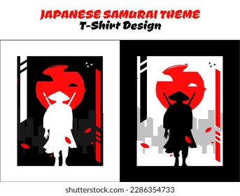 Urban samurai. Silhouette japan samurai vector for design t-shirt concept. Samurai with red moon t-shirt design. Samurai Vector Illustration