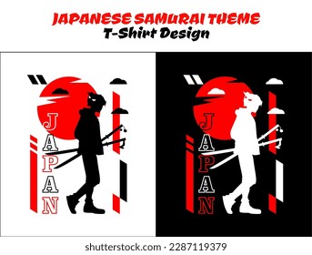 Urban samurai with tree. Silhouette japan samurai vector for design t-shirt concept. Samurai with red moon. Samurai Vector Illustration. streetwear theme tshirt.