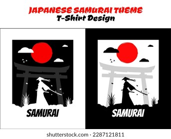 Urban samurai with tree. Silhouette japan samurai vector for design t-shirt concept. Samurai with red moon. Samurai Vector Illustration. streetwear theme tshirt.