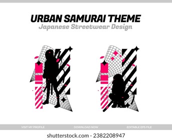 urban samurai. Samurai vector silhouette for design t-shirt concept. Japanese streetwear t-shirt design. silhouette for Japanese theme. samurai streetwear t-shirt. cyberpunk theme samurai.