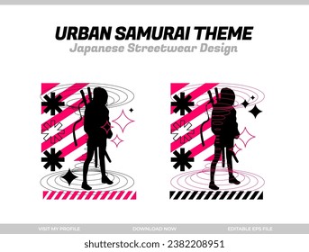 urban samurai. Samurai vector silhouette for design t-shirt concept. Japanese streetwear t-shirt design. silhouette for Japanese theme. samurai streetwear t-shirt. cyberpunk theme samurai.