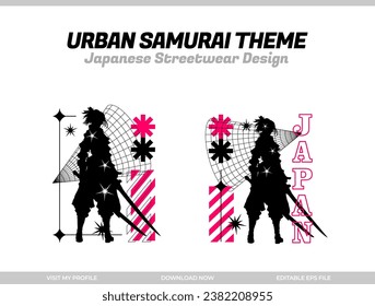 urban samurai. Samurai vector silhouette for design t-shirt concept. Japanese streetwear t-shirt design. silhouette for Japanese theme. samurai streetwear t-shirt. cyberpunk theme samurai.