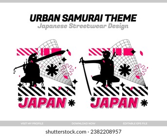 urban samurai. Samurai vector silhouette for design t-shirt concept. Japanese streetwear t-shirt design. silhouette for Japanese theme. samurai streetwear t-shirt. cyberpunk theme samurai.