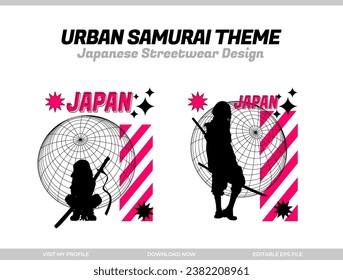 urban samurai. Samurai vector silhouette for design t-shirt concept. Japanese streetwear t-shirt design. silhouette for Japanese theme. samurai streetwear t-shirt. cyberpunk theme samurai.