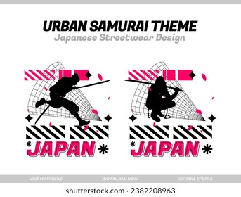 urban samurai. Samurai vector silhouette for design t-shirt concept. Japanese streetwear t-shirt design. silhouette for Japanese theme. samurai streetwear t-shirt. cyberpunk theme samurai.