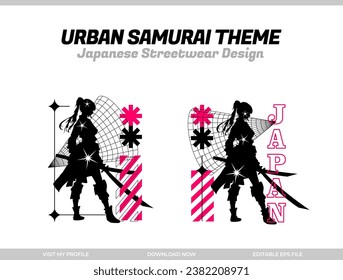 urban samurai. Samurai vector silhouette for design t-shirt concept. Japanese streetwear t-shirt design. silhouette for Japanese theme. samurai streetwear t-shirt. cyberpunk theme samurai.