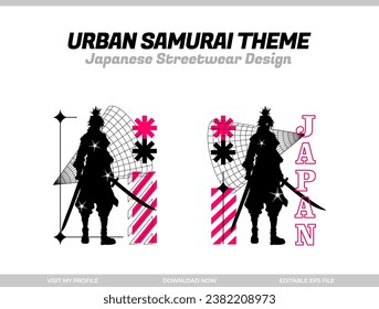 urban samurai. Samurai vector silhouette for design t-shirt concept. Japanese streetwear t-shirt design. silhouette for Japanese theme. samurai streetwear t-shirt. cyberpunk theme samurai.