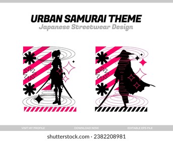 urban samurai. Samurai vector silhouette for design t-shirt concept. Japanese streetwear t-shirt design. silhouette for Japanese theme. samurai streetwear t-shirt. cyberpunk theme samurai.