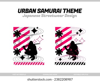 urban samurai. Samurai vector silhouette for design t-shirt concept. Japanese streetwear t-shirt design. silhouette for Japanese theme. samurai streetwear t-shirt. cyberpunk theme samurai.