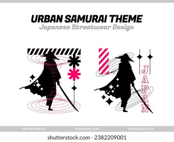 urban samurai. Samurai vector silhouette for design t-shirt concept. Japanese streetwear t-shirt design. silhouette for Japanese theme. samurai streetwear t-shirt. cyberpunk theme samurai.